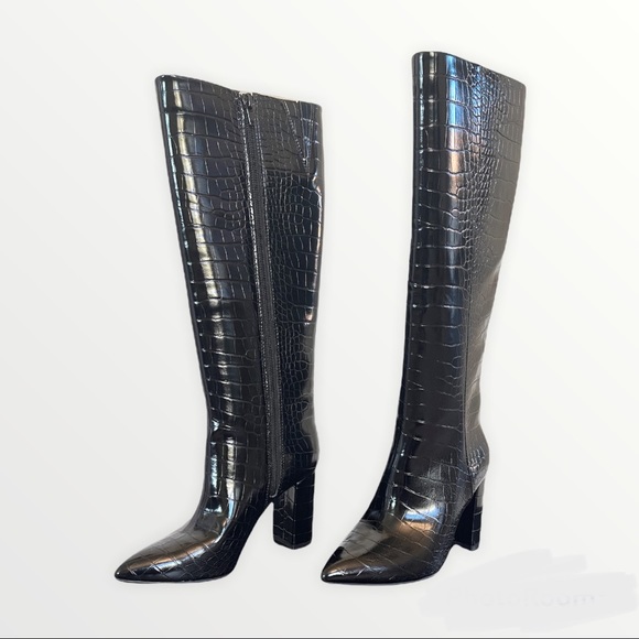 INC Black patent leather crocodile Embossed Block heel knee high boots - Picture 2 of 7